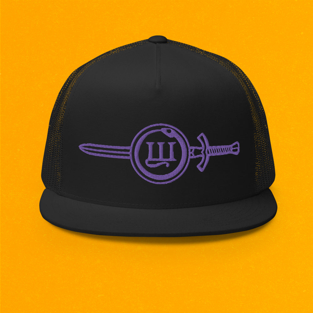 Sword & Shield Embroidered Logo Trucker Cap - Purple